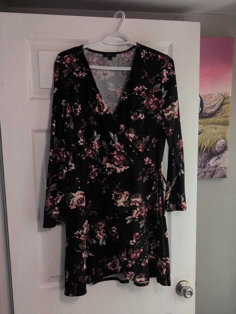 Eclipse Black Floral Wrap Dress with Pink Blossoms
